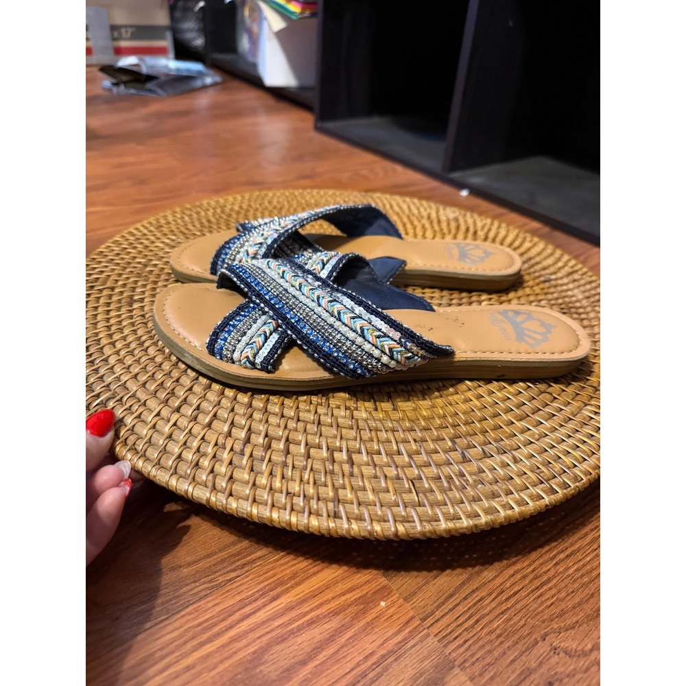 Fergalicious by Fergie Starlit Beaded Sequin Crisscross Slide Sandals Blue 6.5M - Picture 3 of 12